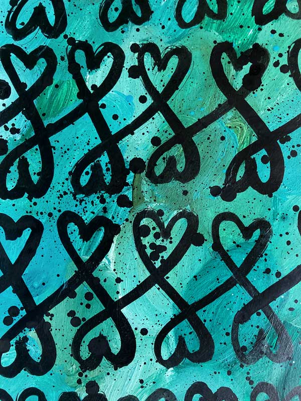 Detail aus Herzensarbeit für die Mini Galerie – Türkis und Blau – Kleckse und Herzen