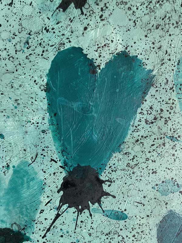 Detail aus Herzensarbeit für die Mini Galerie – Türkis und Graugrün – Kleckse und Herzen