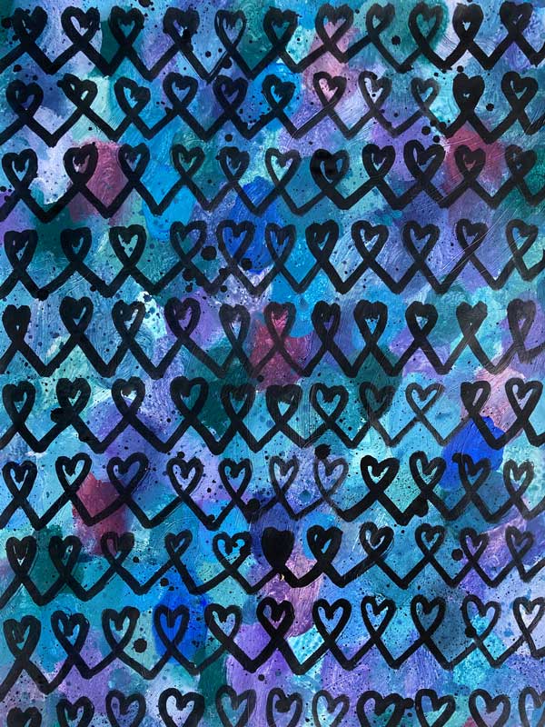 Herzensarbeit für die Mini Galerie – Lila und Blau – Kleckse und Herzen