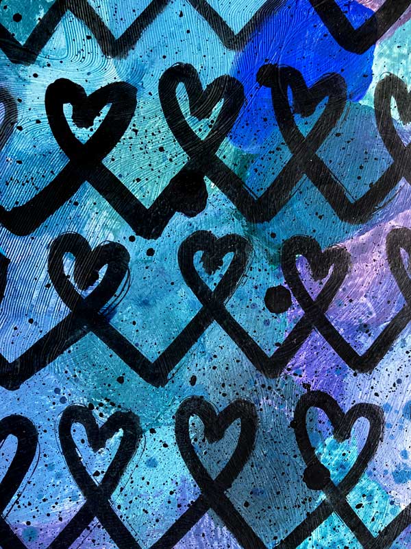Detail aus Herzensarbeit für die Mini Galerie – Lila und Blau – Kleckse und Herzen