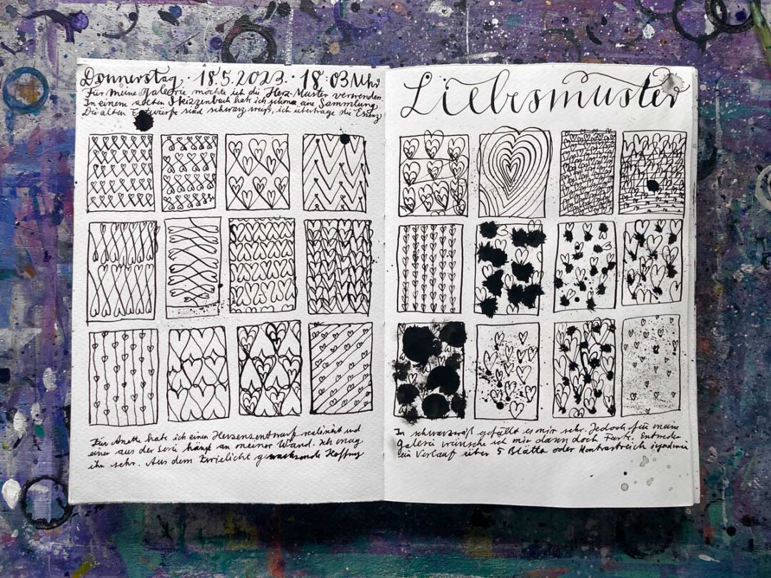 Skizzenbuch von Tabea Heinicker mit Herz-Muster Entwürfen für ihre Min Galerie