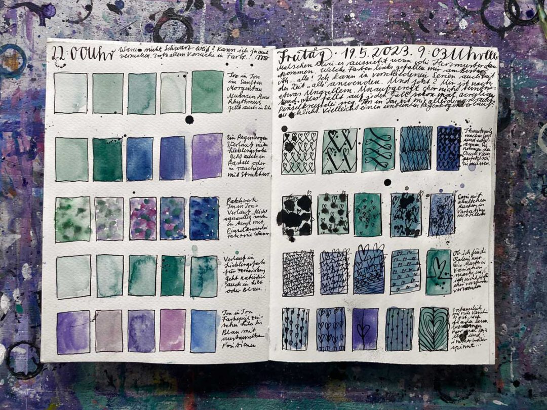 Skizzenbuch von Tabea Heinicker mit Herz-Muster Entwürfen für ihre Min Galerie