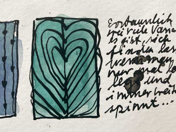 Detail aus einem Skizzenbuch von Tabea Heinicker mit Herz-Muster Entwürfen für ihre Min Galerie