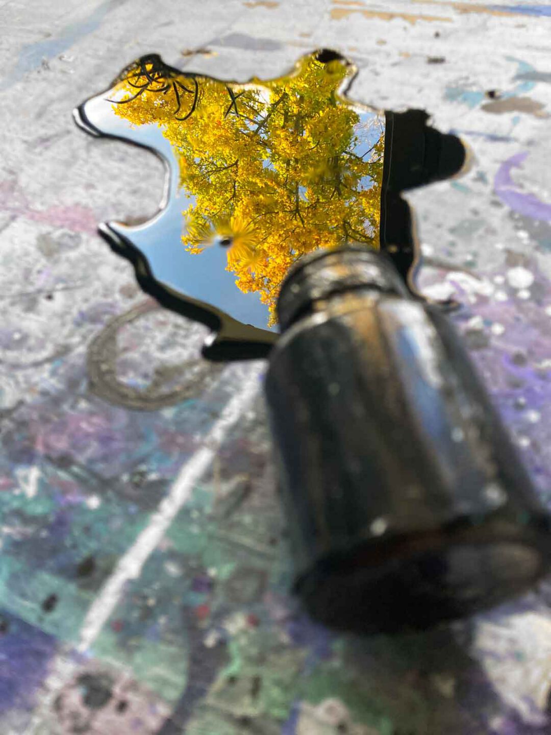Ein Tuscheglas ist umgefallen, in der ausgelaufenen Tusche spiegelt sich eine goldgelbe Eiche.