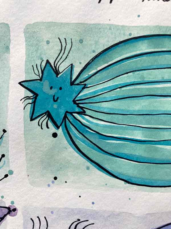 Details einer Skizzenbuchseite von Tabea Heinicker: Mit Pinsel und Aquarellfarbe gezeichnete Sterne mit Schweif. Glücksmomente beim Zeichnendurch Variation.