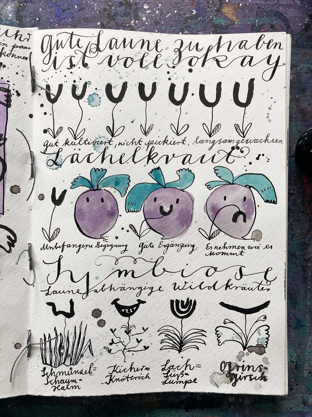 Tadieschen im Skizzenbuch: Eine kleine illustrierte Geschichte am Rande. Wie ernsthaft muss Gemüse sein? Lächelkraut, Grinsgirsch und Kicherknöterich entstehen aus der Feder.