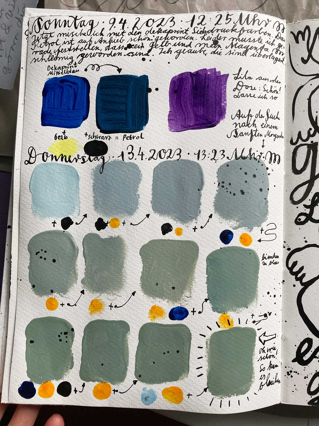 Eine Seite aus Tabea Heinickers Skizzenbuch. Farb- und Mischproben sind zu erkennen. Tadieschen im Siebdruck habe ich im Skizzenbuch gründlich vorbereitet.