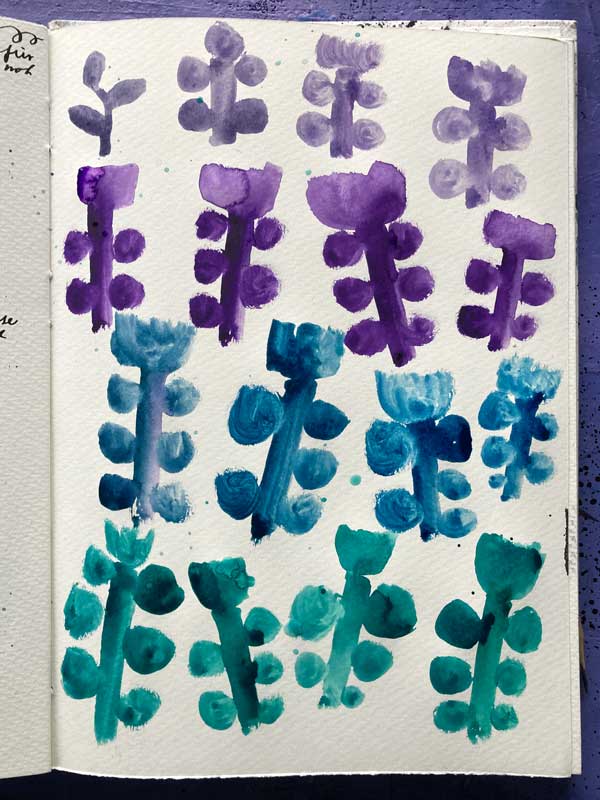 Rechte Seite des Skizzenbuches. Minimalistische Tatulpen in Wasserfarbenoptik. Bestehend aus einem groben Stängel mit Kullern als Blätter und eine Tulpenkrone.