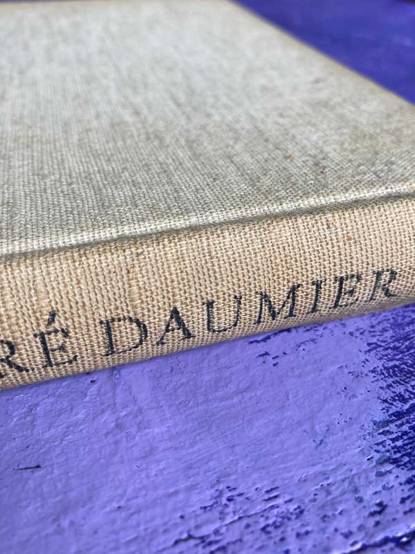 Ausschnitt des Buches, dass als Grundlage für denText diente. Daumier ist zu lesen. Das Buch ist aus beige Leinen und liegt auf dem Lila Tisch.
