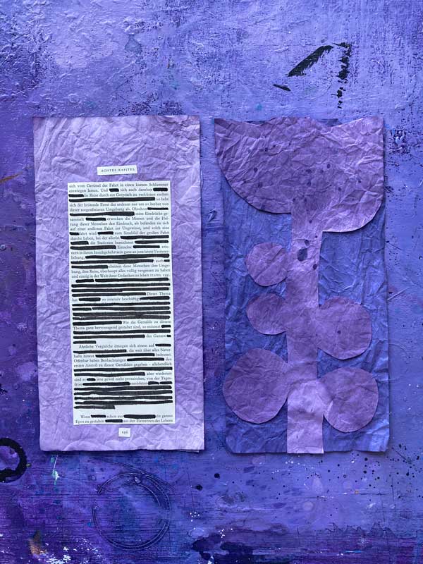 Tatulpen für die Frühlingspost 2025: Eine Tulpencollage und die Textcollage liegen nebeneinander auf der Tischplatte.