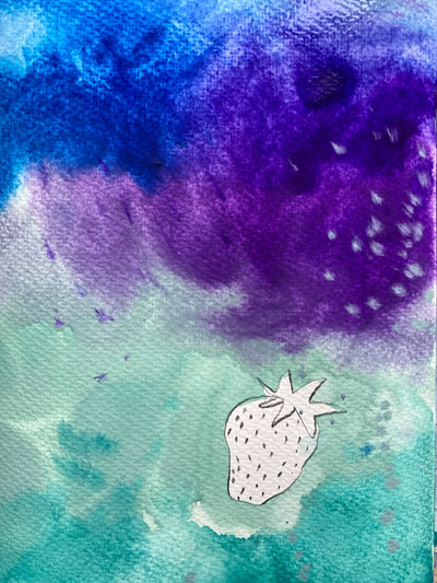 Entwürfe für den Titel des Buches »Du kannst zeichnen!« Hier mit Erdbeere auf buntem Aquarellgrund.