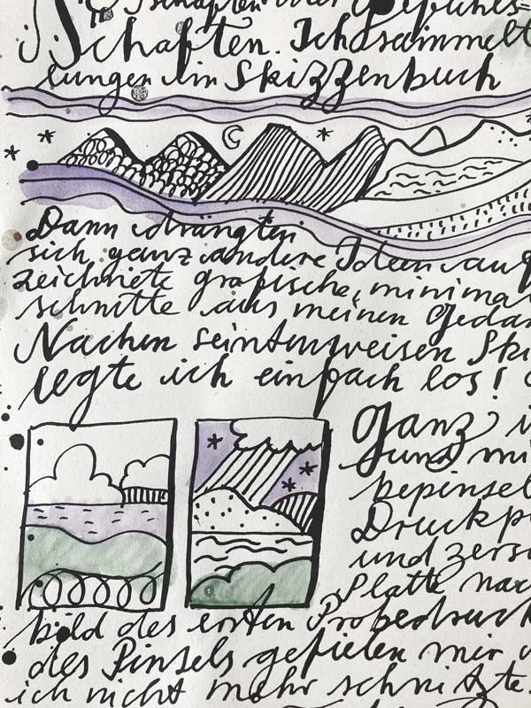 Detail aus dem Bildbrief. Mit kleinen Skizzen, wie sie auch im Skizzenbuch zu finden sind. Zeichnungen und Handschrift verschmelzen.