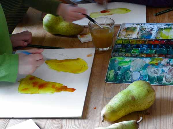 Hugo koloriert seine gezeichneten Birnen. Vor ihm steht ein Aquarellkasten und es liegen zwei Birnen auf dem Tisch.