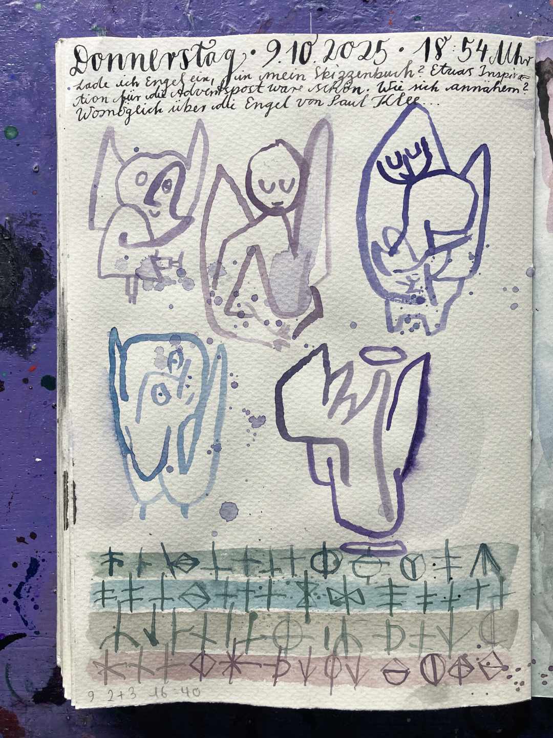 Engel im Mixed-Print: Erste Skizzen zum Thema. Oben kalligrafische Handschrift und unten Nachgefühlte Zeichnungen inspiriert durch Paul Klees Engel