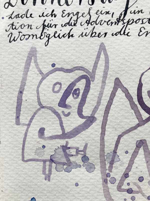 Ausschnitt aus der Skizzenbuchseite. Auf Aquarellpapier ein grafischer Engel mit leichtem Pinsel geschwungene Linien ...